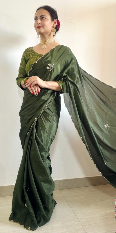 Grand Stone Green Color Soft Chinnon Hand Work Flower Design Saree