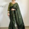 Stone Green Soft Chinnon Flower Design Saree