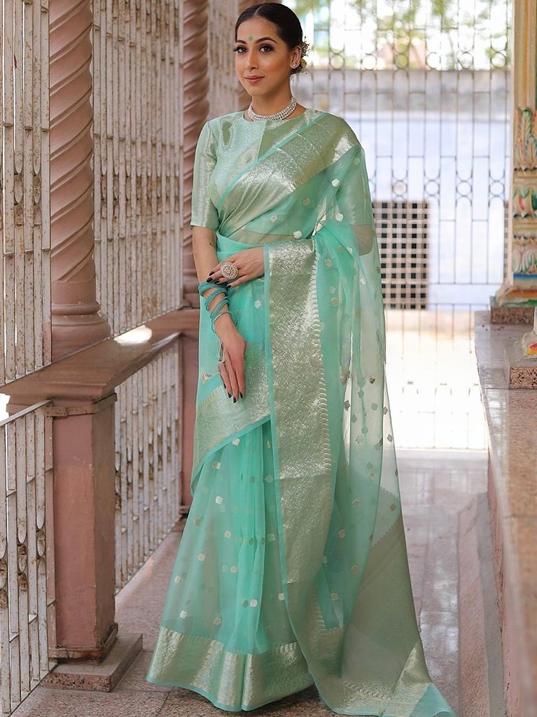 Grand Turquoise Color Organza Jacquard Butti Worked Saree