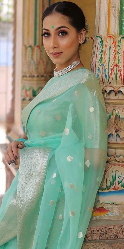 Grand Turquoise Color Organza Jacquard Butti Worked Saree