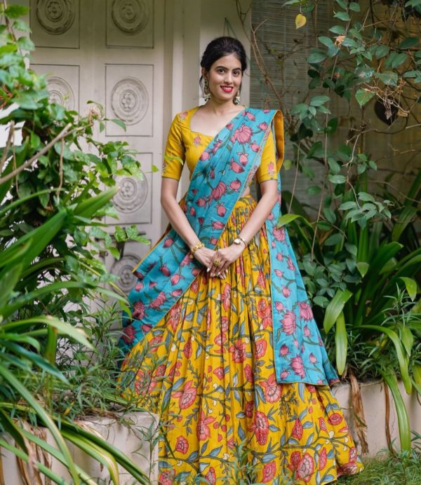 Grand Yellow Color Chant Crepe Kalamkari Printed Lehenga Choli
