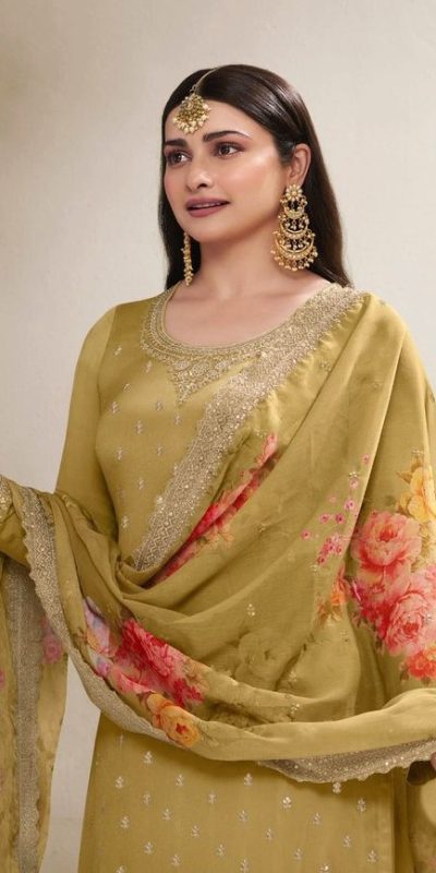Grand Yellow Viscose Chinon Embroidered Sequence Salwar Suit