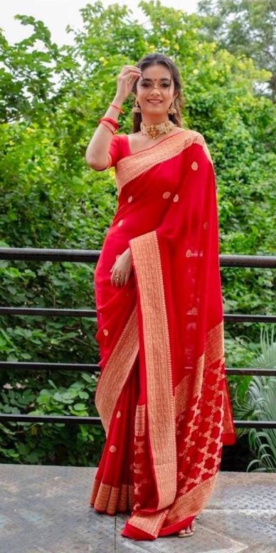 Keerthy Suresh Red Color Soft Lichi Silk Ordinary Design Saree