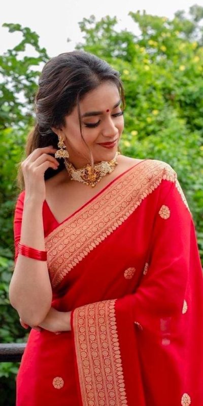 Keerthy Suresh Red Color Soft Lichi Silk Ordinary Design Saree