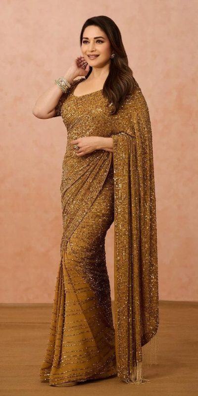 Madhuri DiXit Golden Color Georgette Sequins Embroidery Saree