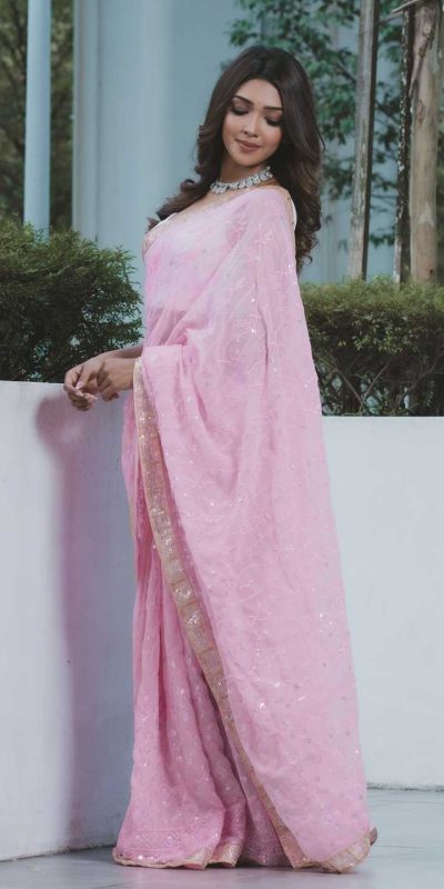 Majestic Baby Pink Color Georgette Embroidery Sequence Saree