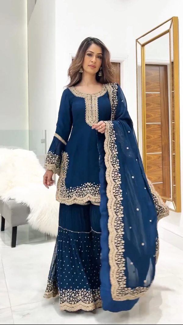 Majestic Blue Color Faux Georgette Embroidery Work Salwar Suit
