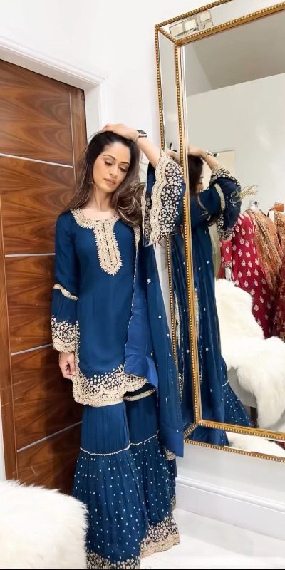 Majestic Blue Color Faux Georgette Embroidery Work Salwar Suit