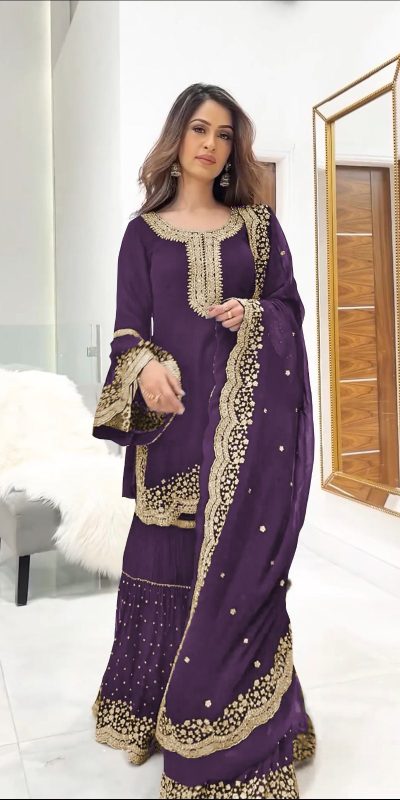 Majestic Purple Color Faux Georgette Embroidery Work Salwar Suit