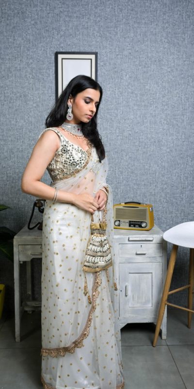 Majestic White Color Nylon Butterfly Net Sequence Thread Saree