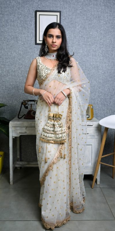 Majestic White Color Nylon Butterfly Net Sequence Thread Saree