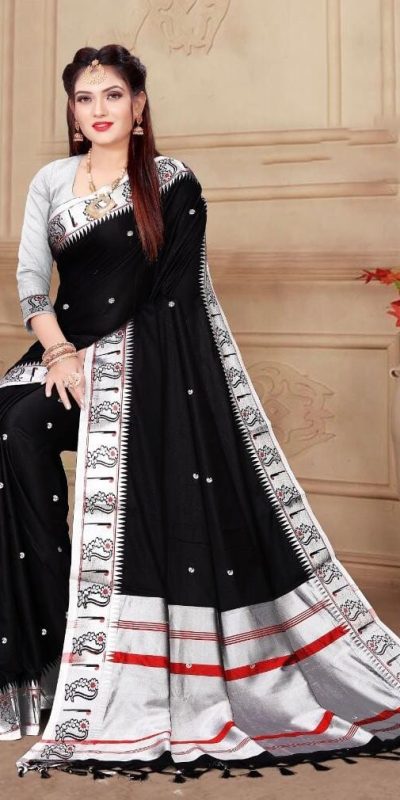 Mesmerizing Black Color Soft Lichi Silk Silver Zari Design Saree