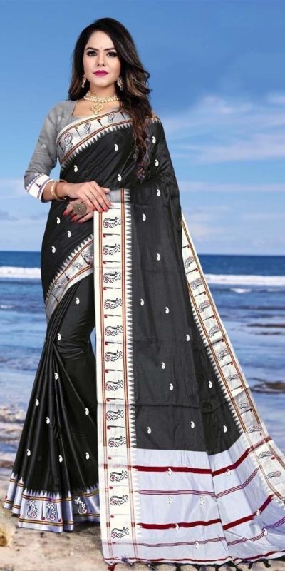 Mesmerizing Black Color Soft Lichi Silk Silver Zari Design Saree