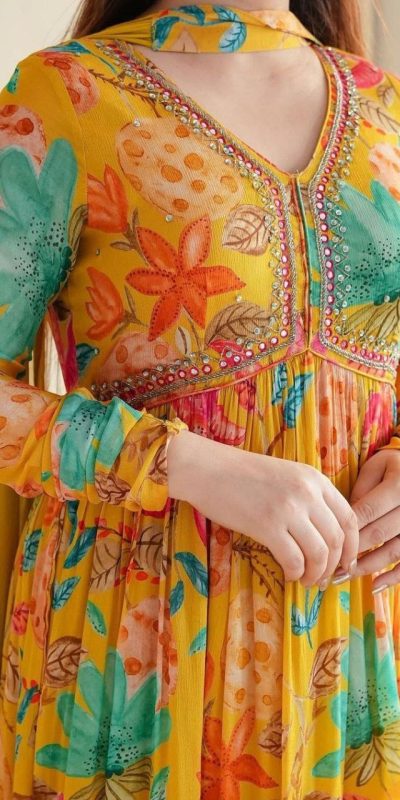 Mesmerizing Yellow Color Chiffon V-Neck Gathered Midi Gown