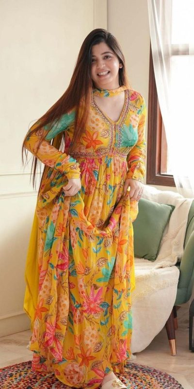 Mesmerizing Yellow Color Chiffon V-Neck Gathered Midi Gown