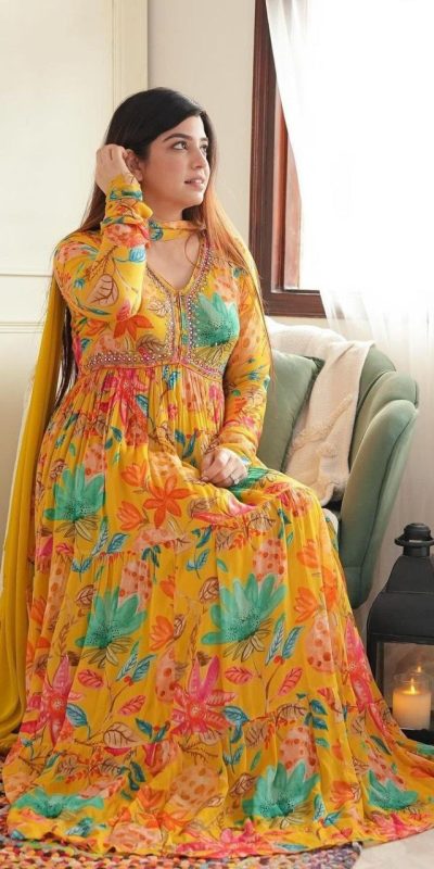 Mesmerizing Yellow Color Chiffon V-Neck Gathered Midi Gown
