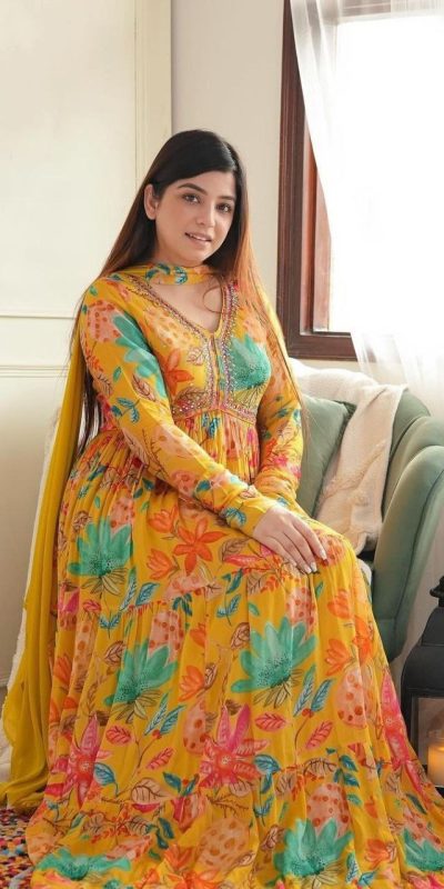 Mesmerizing Yellow Color Chiffon V-Neck Gathered Midi Gown