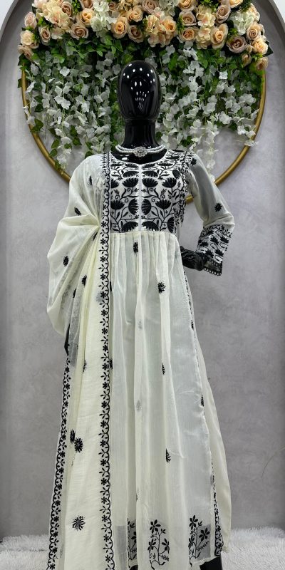 Mystical White Color Chanderi Thread Sequence Salwar Suit
