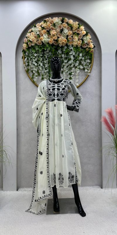 Mystical White Color Chanderi Thread Sequence Salwar Suit