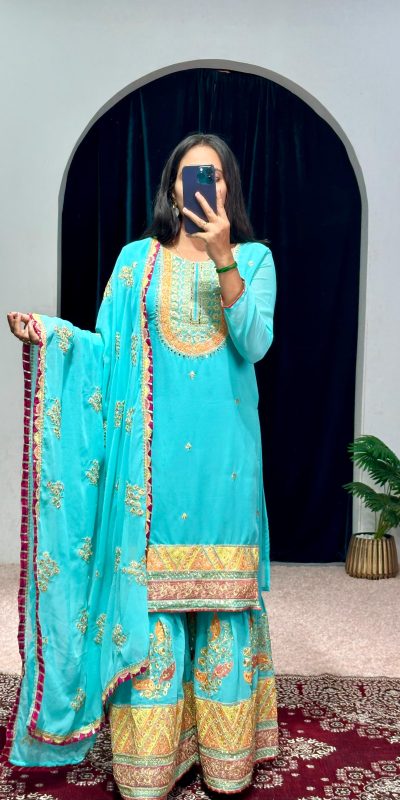 Nice Blue Color Georgette Embroidery Stone & Mirror Salwar Suit