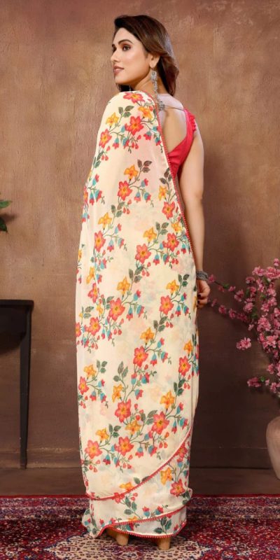 Nice Cream Color Pure Soft Georgette Silk Design All Over Saree