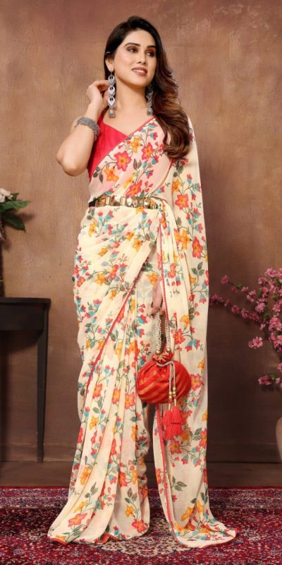 Nice Cream Color Pure Soft Georgette Silk Design All Over Saree