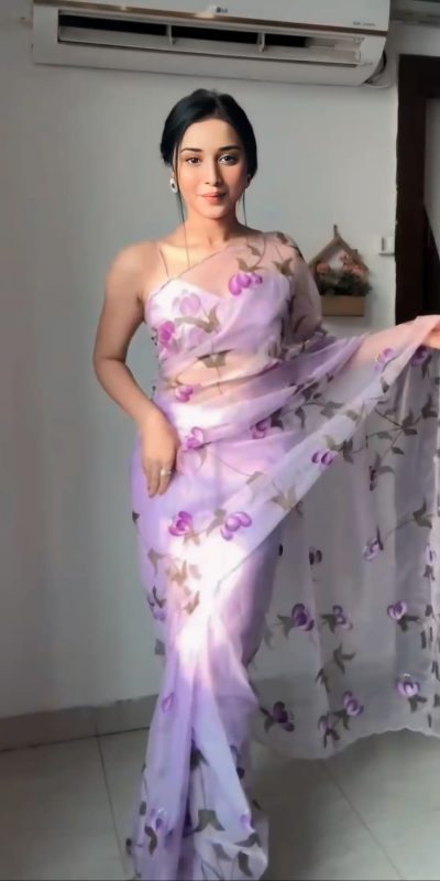 Nice Lavender Soft Organza Silk Pastel Color Flower Design Saree