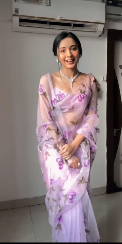Nice Lavender Soft Organza Silk Pastel Color Flower Design Saree