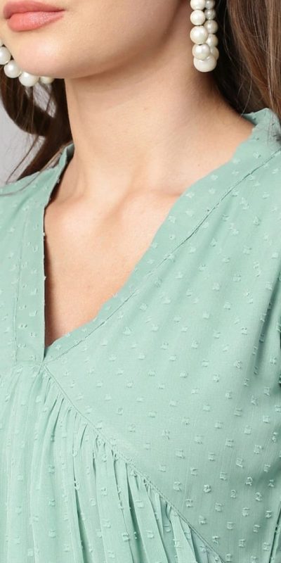 Nice Light Green Color Chiffon V-Neck Gathered Midi Kurti