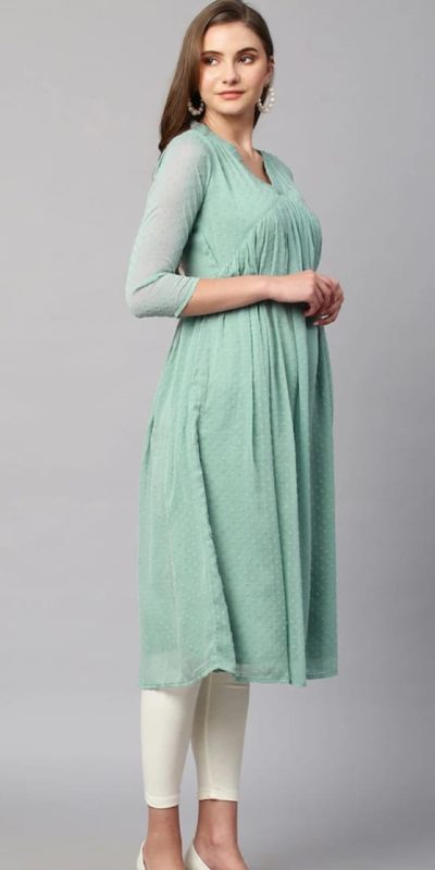 Nice Light Green Color Chiffon V-Neck Gathered Midi Kurti