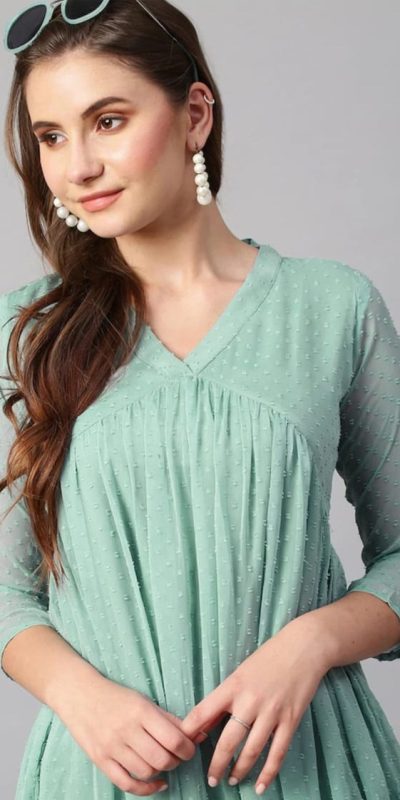 Nice Light Green Color Chiffon V-Neck Gathered Midi Kurti