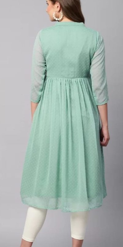 Nice Light Green Color Chiffon V-Neck Gathered Midi Kurti