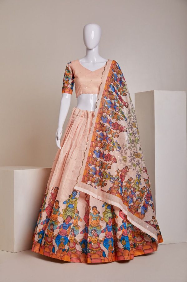 Nice Peach Color Silk Embroidery Sequins Amazing Print Lehenga Choli