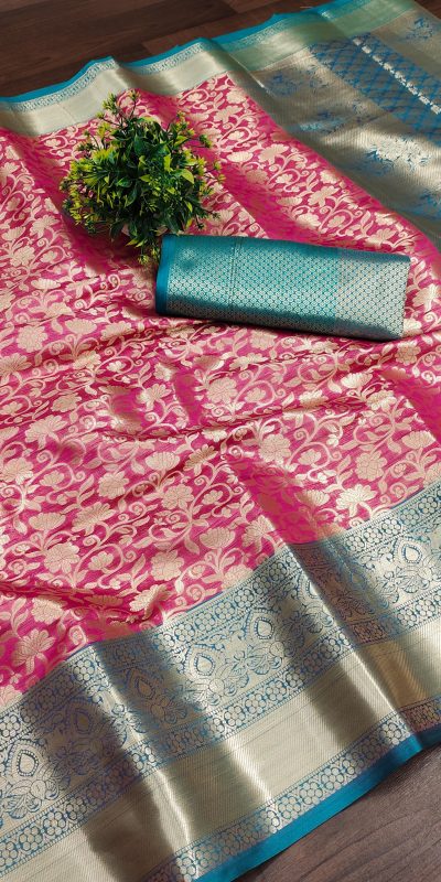 Nice Pink Color Soft Organic Banarasi Silk Gold Zari Weaving Saree