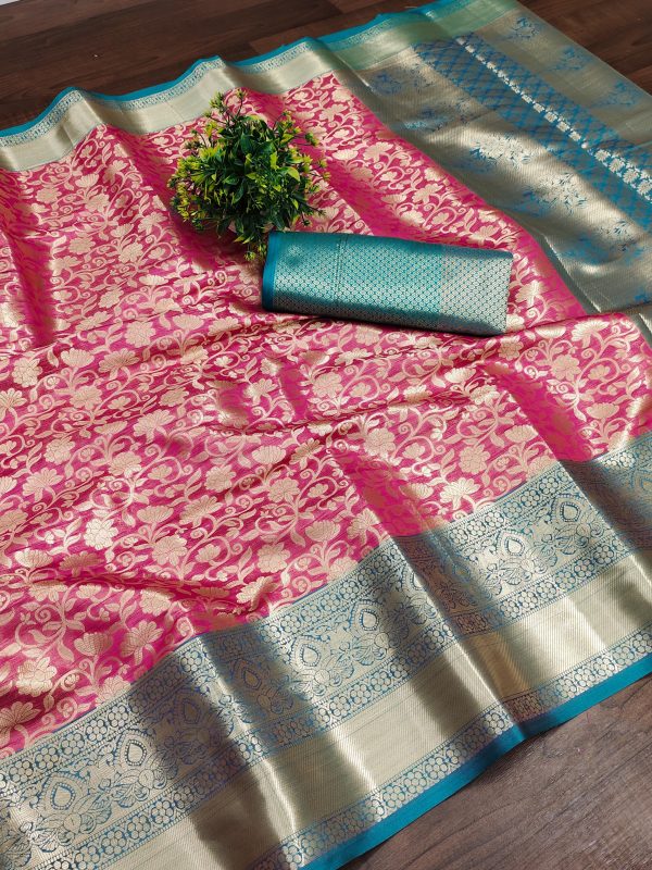 Nice Pink Color Soft Organic Banarasi Silk Gold Zari Weaving Saree