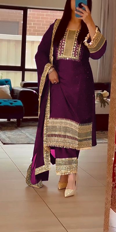 Nice Purple Color Chinnon Silk Embroidery Sequence Salwar Suit