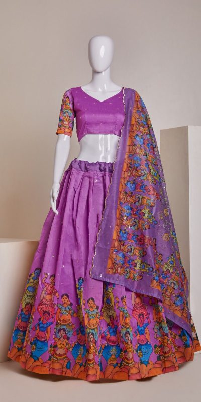 Nice Purple Silk Embroidery Sequins Amazing Print Lehenga Choli