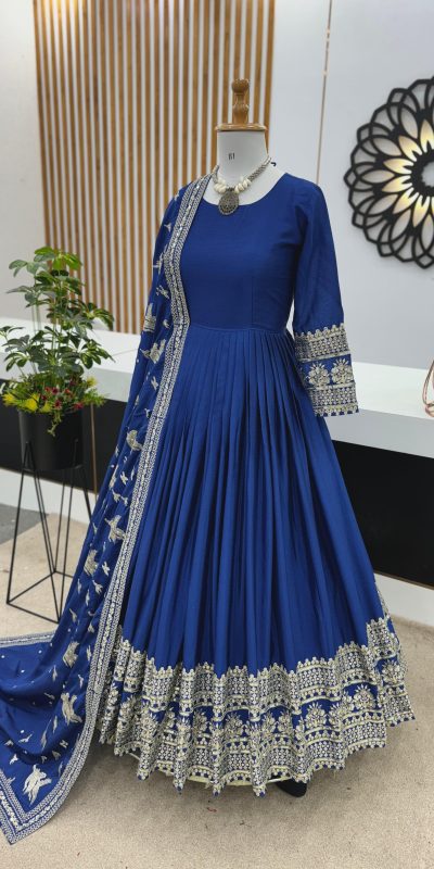 Nice Royal Blue Color Chinon Silk Embroidery Sequence Gown
