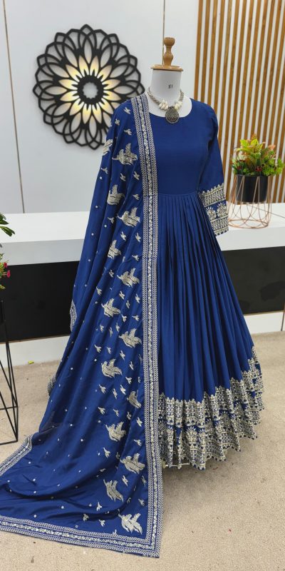 Nice Royal Blue Color Chinon Silk Embroidery Sequence Gown