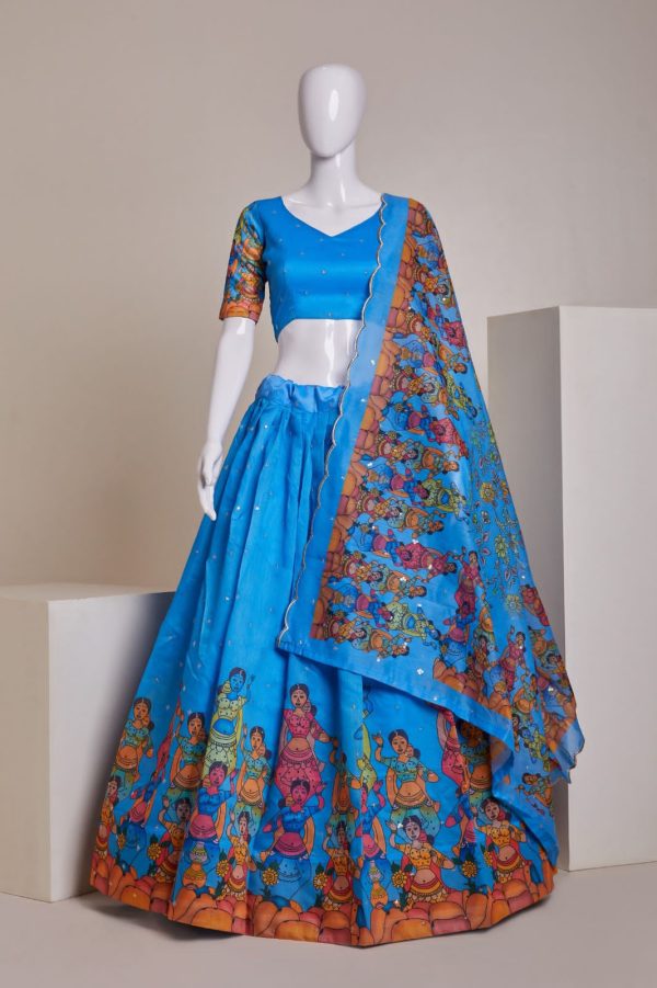 Nice Sky Blue Color Silk Embroidery Sequins Amazing Print Lehenga Choli