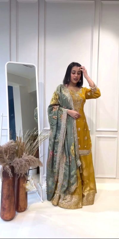 Nice Yellow Color Pure Heavy Chinnon Silk Embroidery Salwar Suit