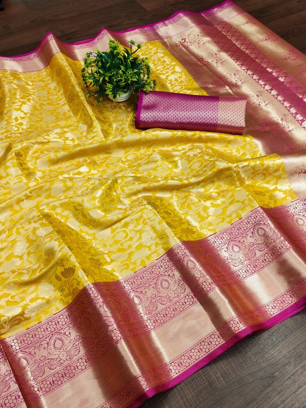 Nice Yellow Color Soft Organic Banarasi Silk Gold Zari Weaving Saree