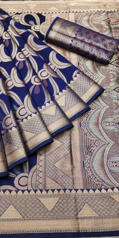 Peaceful Blue Color Soft Lichi Silk Beautiful Cooper Zari Saree