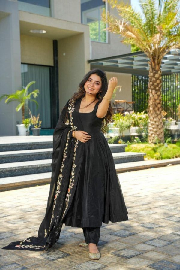 Perfect Black Color Chinon Silk Thread Sequence Salwar Suit