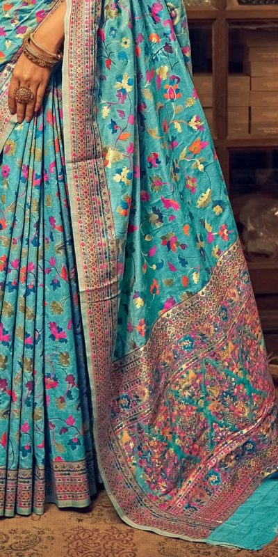 Perfect Blue Color Kashmiri Running Thread Zari Work Saree