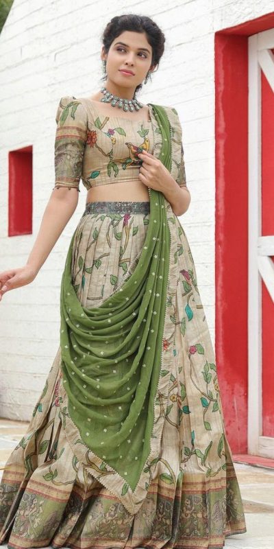 Perfect Chiku Color Malhari Silk Kalamkari Printed Lehenga Choli