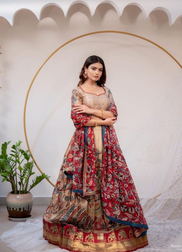 Perfect Grey Color Chinon Kalamkari Printed Work Lehenga Choli