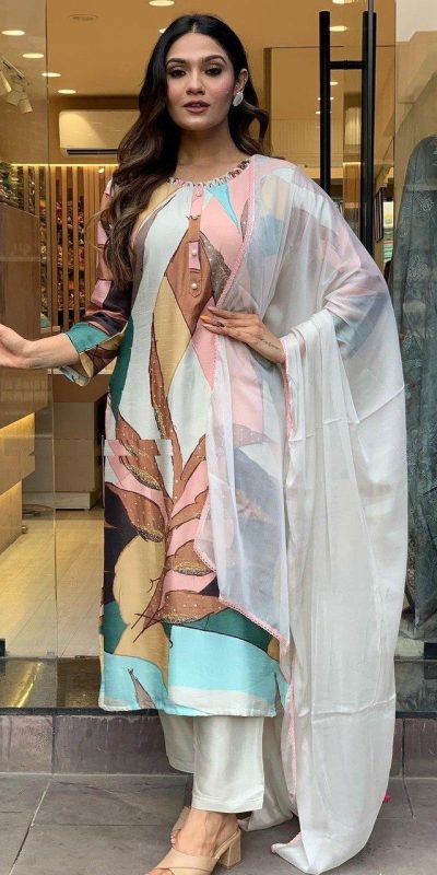 Perfect Malty Color Muslin Embroidery Chain Works Salwar Suit