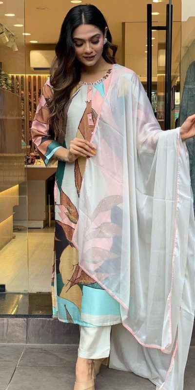 Perfect Malty Color Muslin Embroidery Chain Works Salwar Suit