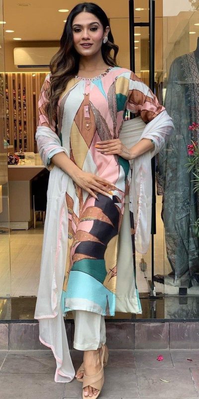 Perfect Malty Color Muslin Embroidery Chain Works Salwar Suit